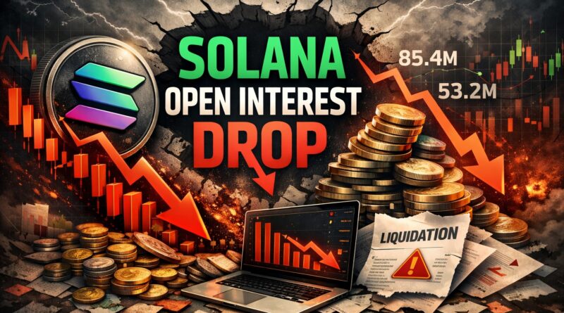 Solana Open Interest drop visual showing SOL coin tumbling beside red candlestick charts and downward arrows, symbolizing traders cutting risk near the $80 support zone.