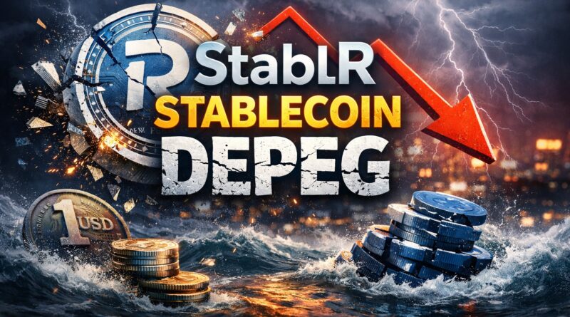 StablR stablecoin depeg shows a broken coin and plunging market, symbolizing the loss of peg confidence and liquidity stress in the stablecoin ecosystem.
