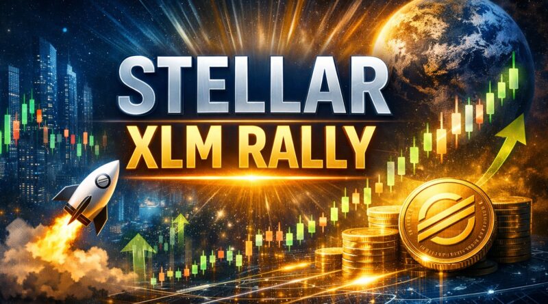 Stellar XLM rally visual showing a rocket launch beside glowing candlestick charts and golden tokens, symbolizing institutional momentum after DTCC tokenization news.