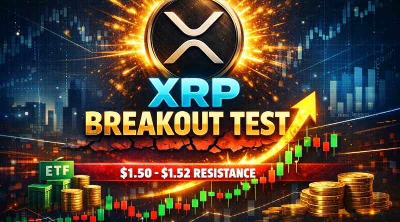 XRP supply tightening shows a glowing Ripple logo breaking through resistance, symbolizing reduced exchange reserves and ETF‑driven demand near the $1.52 breakout zone.
