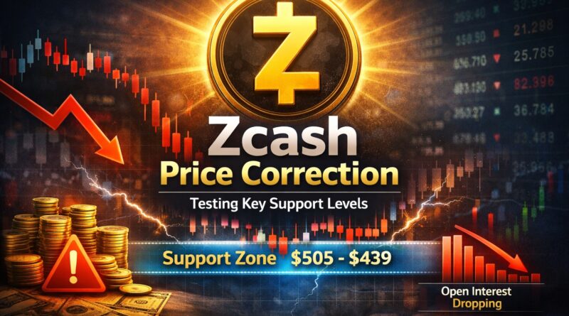 Zcash price correction visual showing the ZEC logo above a falling candlestick chart testing the $505–$439 support zone, symbolizing leverage unwind and market reset.