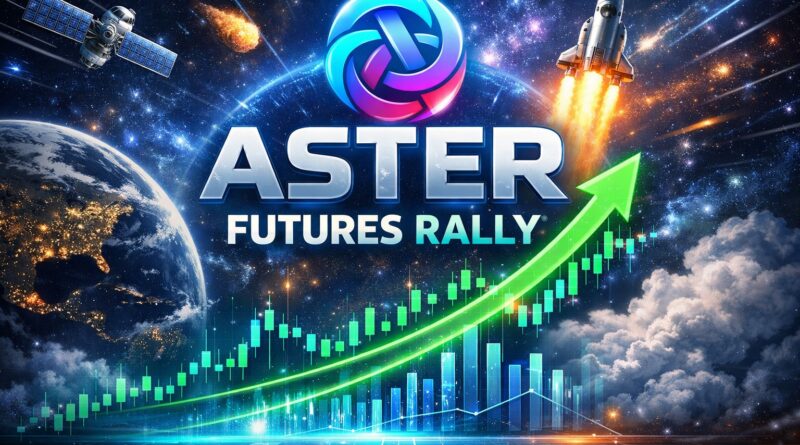 ASTER Futures Demand visual showing a glowing ASTER logo, rising green arrow, and candlestick charts against a cosmic background, symbolizing futures demand growth and rally momentum.