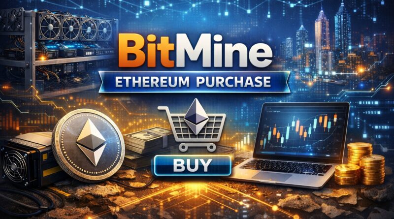 BitMine Ethereum purchase visual showing a glowing Ethereum coin, mining rigs, and a digital “BUY” button surrounded by blue network lines and golden circuit patterns - symbolizing corporate treasury accumulation and ETH demand below $2K.