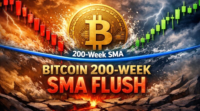Bitcoin 200‑week SMA visual showing a golden Bitcoin coin hovering above a glowing blue 200‑week SMA line, surrounded by red and green candlestick charts, lightning bolts, and cracked ground - symbolizing the $600 million long liquidation flush and cycle‑level support test.