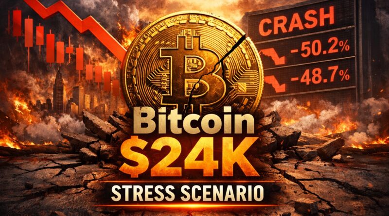 Bitcoin $24K stress scenario illustration showing a cracked golden Bitcoin coin, collapsing stock‑market charts, and fiery background symbolizing market stress and liquidity risk.