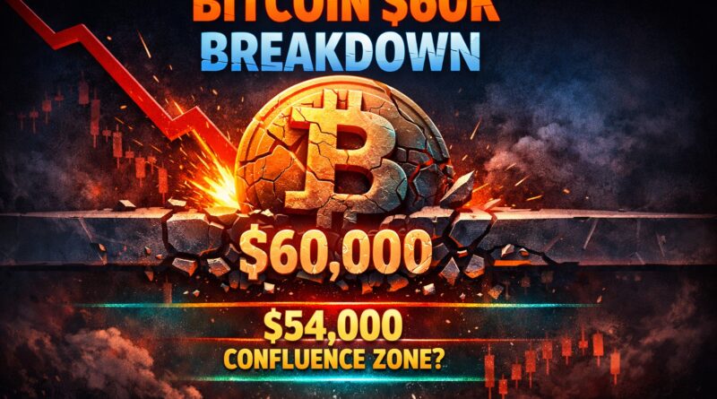 Bitcoin $54K confluence zone illustration showing a cracked Bitcoin symbol sinking below the $60K support level toward a glowing $54K target area, with red downward arrows and candlestick charts emphasizing market pressure and technical overlap.