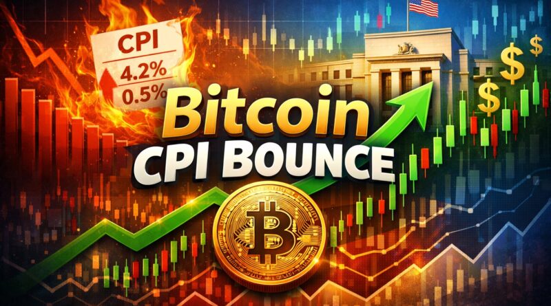 Bitcoin CPI bounce illustration showing a golden Bitcoin coin, CPI report with 4.2% and 0.5% figures, and a green upward arrow - symbolizing traders reacting to expectations rather than inflation alone.