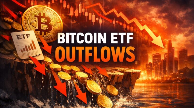 Bitcoin ETF outflows illustration showing a golden Bitcoin coin, ETF document, and red downward arrows symbolizing record fund withdrawals and institutional demand pressure.