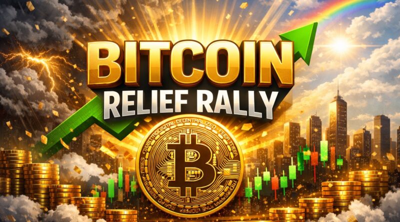 Bitcoin Iran deal relief rally illustration with centered text and golden Bitcoin coin, symbolizing geopolitical easing and crypto rebound