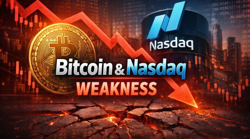 Bitcoin Nasdaq weakness visual showing a golden Bitcoin coin beside the Nasdaq logo with a red downward arrow and cracked floor - symbolizing BTC’s resilience test near $60K support amid tech‑market decline.