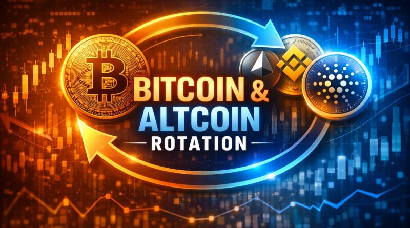 Bitcoin altcoin rotation banner showing Bitcoin and major altcoins in a circular liquidity flow, symbolizing selective market rotation and weakening altseason momentum.
