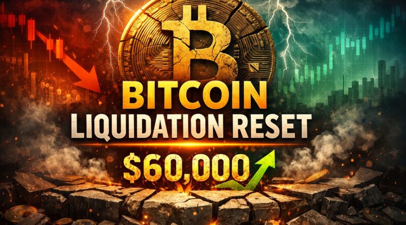 Bitcoin liquidation reset visual showing a cracked golden Bitcoin coin struck by lightning, red and green candlestick charts on each side, and glowing “$60,000 Support” text emerging from a fractured stone base - symbolizing forced selling and market tension.