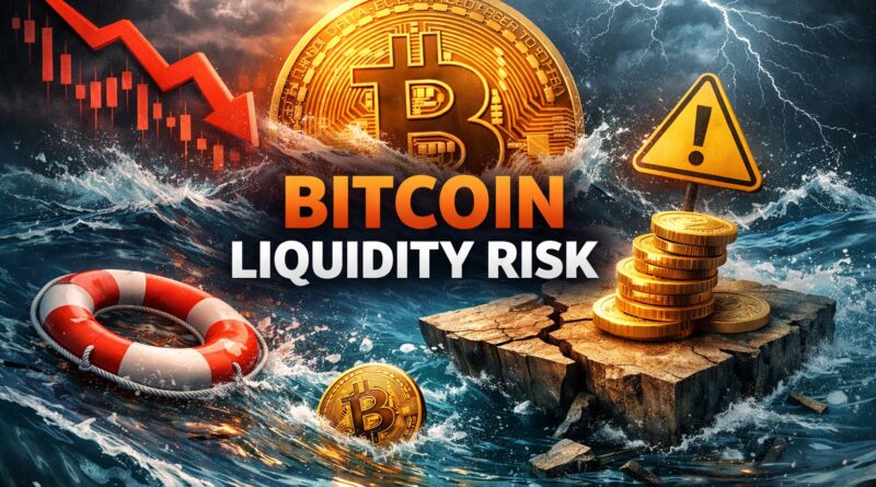 Bitcoin rate cut risk illustration showing a central Bitcoin coin sinking amid turbulent liquidity waves, symbolizing tight Fed conditions and ETF outflows.
