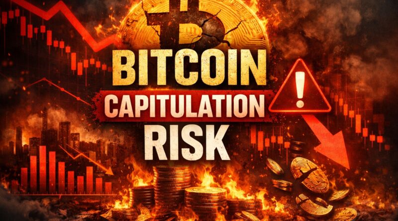Bitcoin realized losses visual showing a cracked golden Bitcoin symbol burning amid red candlestick charts and warning icons - representing market capitulation risk and the $35 billion gap from 2022.