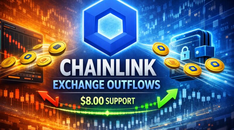 Chainlink exchange outflows visual showing glowing LINK tokens moving from a red exchange chart toward a secure blue wallet, centered around the $8 support zone with green and red arrows symbolizing supply pressure easing and demand testing.