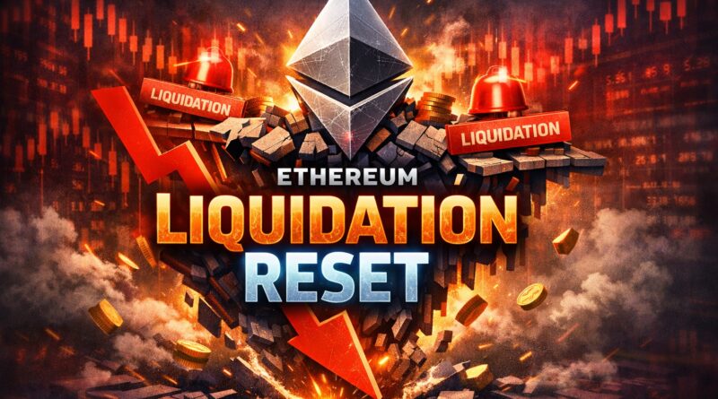 Ether long liquidations illustration showing the Ethereum logo crashing through red candlestick charts, liquidation alerts, and falling coins to depict a $170 million leverage reset.