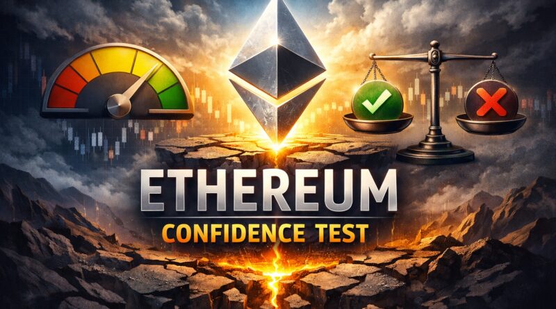 Ethereum 13‑month low visual showing a glowing Ethereum logo above cracked ground with a confidence gauge and balance scale -symbolizing ETH’s structural confidence test and fragile buyer conviction.