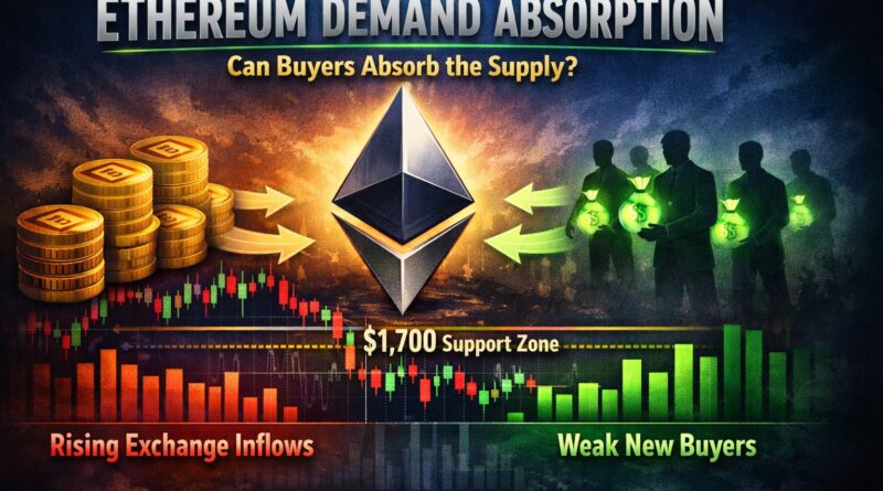 Ethereum Binance inflows illustration showing ETH price below $1.7K with arrows from Binance coins toward the Ethereum logo, symbolizing rising exchange supply and muted new buyer demand.