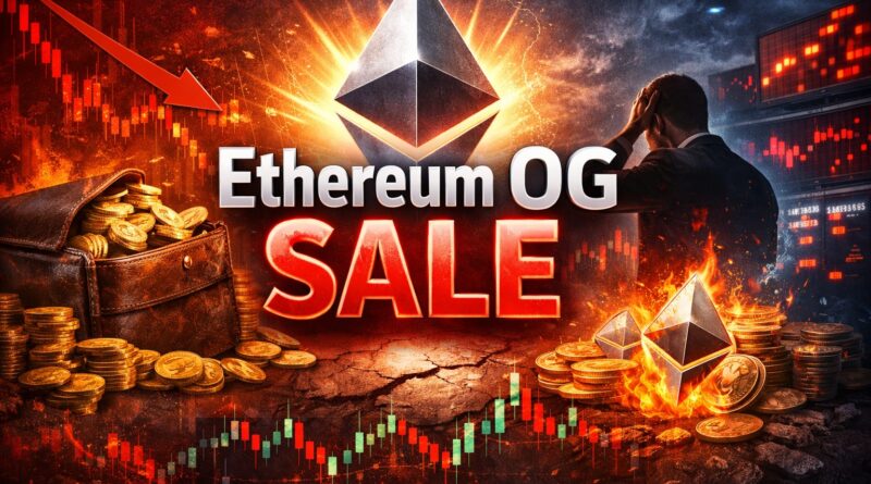 Ethereum OG Sale visual showing a glowing Ethereum logo above a red “SALE” headline, with an old wallet spilling gold coins and a trader silhouette watching red candlestick charts, symbolizing sentiment pressure near the $2,000 level.