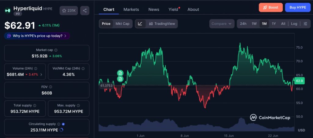 HYPE spot demand chart showing the token’s 1-month pullback from record highs toward the $50-$54 support zone.
