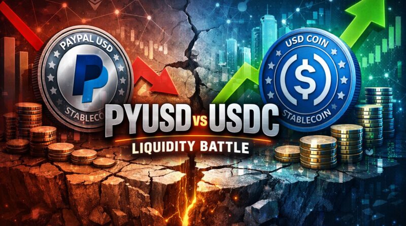 PYUSD market cap decline visual showing PayPal stablecoin contraction versus USDC liquidity growth, centered infographic with red and blue contrast