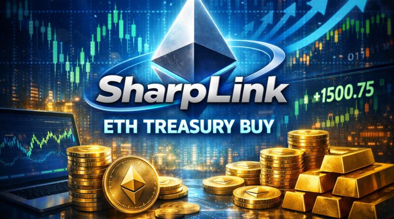 SharpLink ETH purchase visual showing SharpLink’s $62.4 million Ethereum treasury buy, with glowing ETH coins, corporate charts, and blue‑gold financial tones symbolizing institutional accumulation and market absorption.