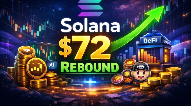 Solana tokenized stock demand visual showing Solana’s $72 rebound driven by tokenized stock optimism, with glowing charts, DeFi symbols, and Pump.fun tokens illustrating mixed network data and liquidity trends.