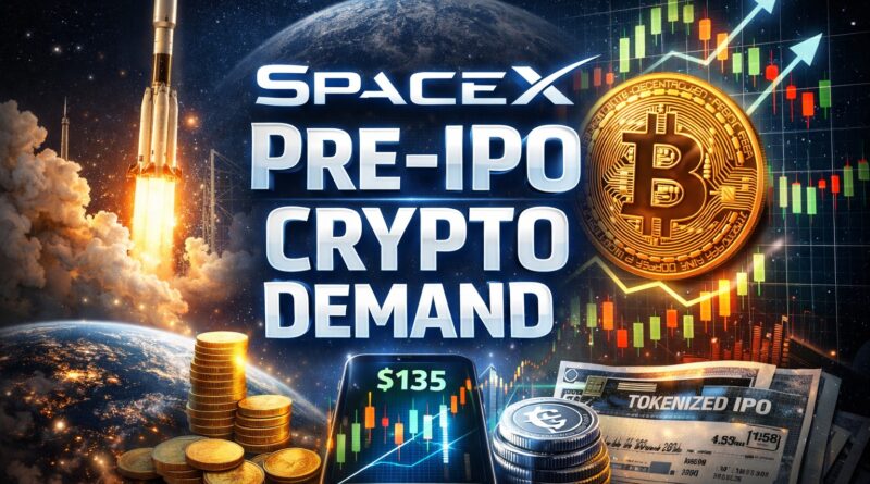 SpaceX pre‑IPO crypto demand illustration showing a SpaceX rocket launch, Bitcoin coin, candlestick charts, and tokenized IPO certificates - symbolizing early price discovery before Wall Street opens.