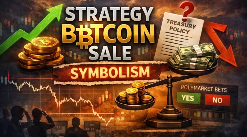 Strategy Bitcoin Sale visual showing a metallic “STRATEGY BITCOIN SALE” headline with gold and silver tones, a balance scale weighing Bitcoin coins against dollar bills, and a “Treasury Policy” document under a red question mark, symbolizing narrative tension and market confidence.