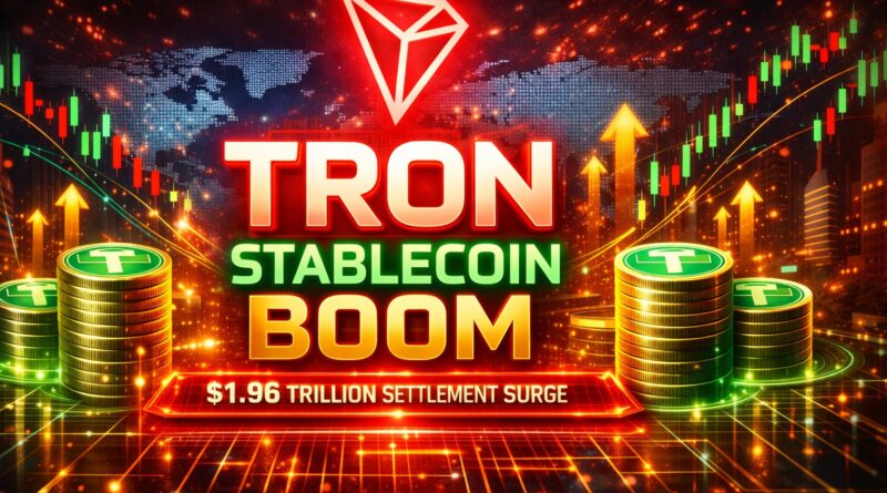 TRON stablecoin boom visual showing TRON’s $1.96 trillion stablecoin settlement surge, glowing TRON logo, USDT coins, and upward arrows symbolizing payment growth and DeFi expansion.