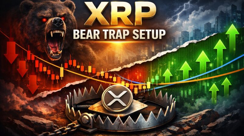XRP bear trap visual showing a fierce bear beside a metallic XRP coin caught in a spring‑loaded trap, with red and green arrows symbolizing breakdown versus reclaim, and a glowing chart line representing the 50‑month EMA and macro trend tension.