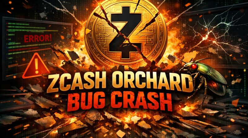 Zcash Orchard bug visual showing a cracked Zcash coin exploding with digital debris and warning symbols - representing the 40% crash and trust shock after the Orchard vulnerability fix.