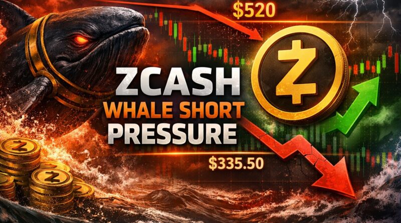 Zcash whale short visual showing a massive whale pressuring ZEC buyers near key resistance, with glowing Zcash coins, candlestick charts, and $520 vs $335.50 levels illustrating the reclaim test.