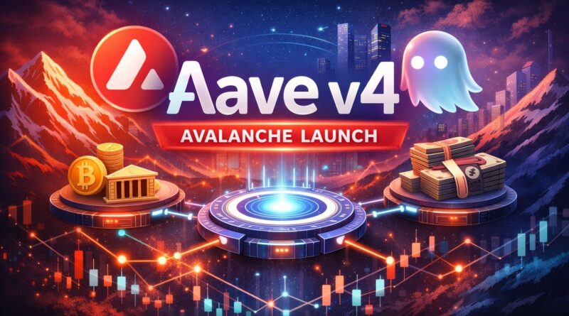 Aave v4 on Avalanche featured image showing Avalanche logo, Aave ghost mascot, and tokenized collateral hub in a futuristic DeFi landscape