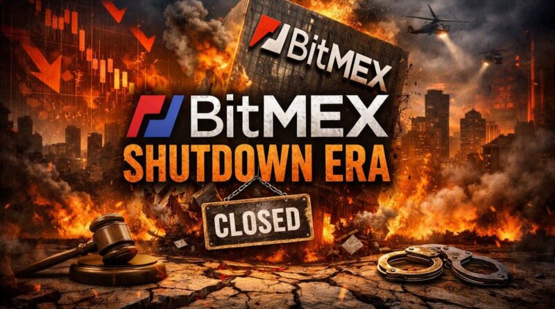 BitMEX shutdown featured image showing the collapse of the exchange building with flames, gavel, and “Closed” sign centered in the frame