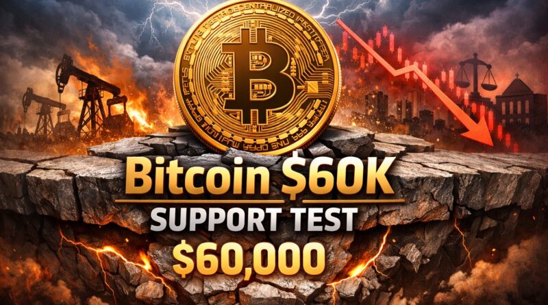 Bitcoin $60K support test showing BTC coin on cracked $60,000 level amid oil shock and market pressure