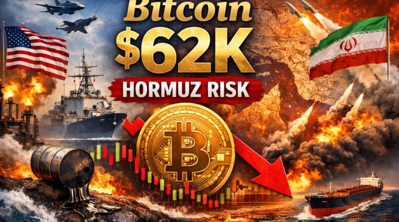 Bitcoin $62K Hormuz risk featured image showing a large golden Bitcoin coin centered above a fiery Strait of Hormuz backdrop with US and Iranian flags, oil barrels, and a red downward arrow symbolizing geopolitical tension and market pressure.