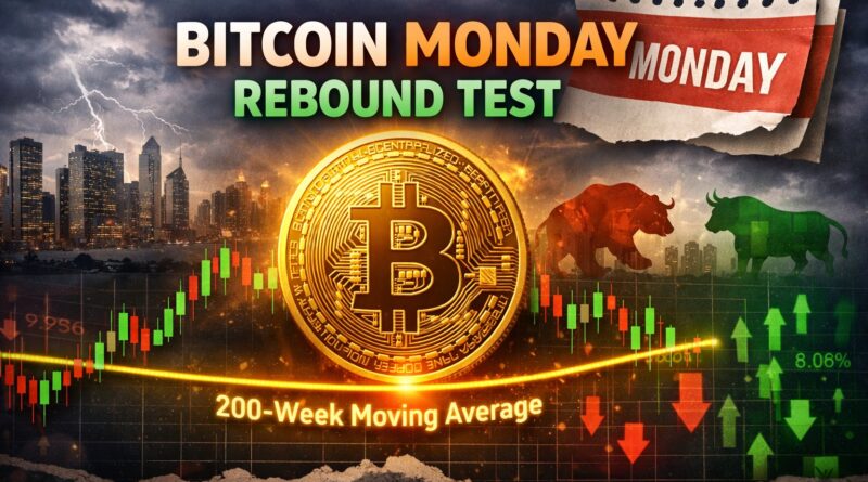 Bitcoin Monday weakness visual showing central Bitcoin coin above candlestick chart with 200‑week moving average line, stormy financial skyline, and Monday calendar cue representing rebound test under thin liquidity.