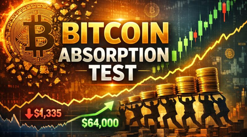 Bitcoin Strategy sale visual showing central Bitcoin coin dissolving into fragments with traders lifting gold stacks, price markers at $61,335 and $64,000, and headline “Bitcoin Absorption Test” representing market resilience after corporate BTC sale.