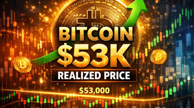 Bitcoin realized price visual showing Bitcoin coin, $53K level marker, and glowing chart lines symbolizing cost‑basis tension between fear and opportunity.