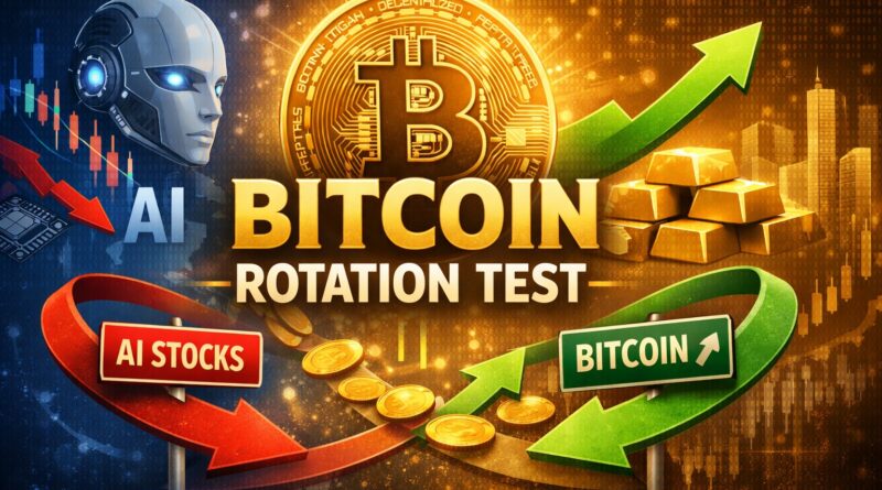 Bitcoin rotation test visual showing Bitcoin coin glowing at center with arrows indicating capital flow from AI stocks to Bitcoin, symbolizing market rotation after weak jobs data.