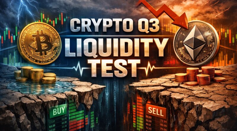 Crypto Q3 liquidity visual showing Bitcoin and Ethereum coins on cracked ground with BUY and SELL order‑book bars, symbolizing thinner liquidity and market absorption risk in Q3.