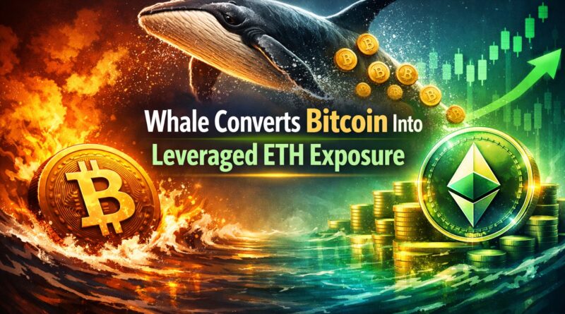 Ethereum rotation bet visual showing a whale converting Bitcoin into leveraged ETH exposure, symbolizing speculative capital shifting from BTC to ETH.