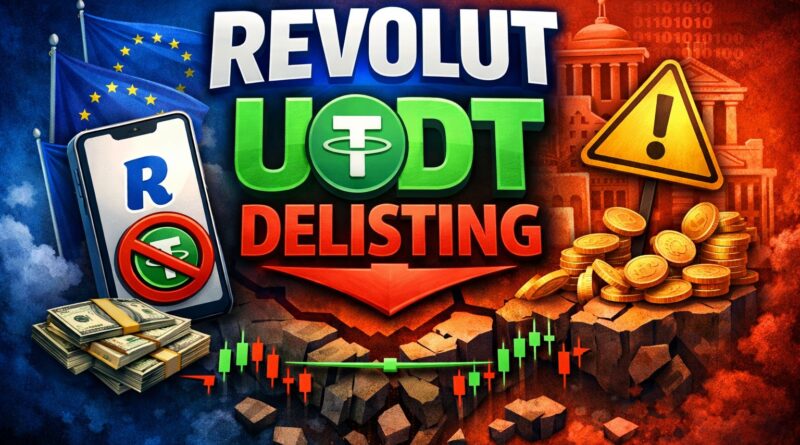 Revolut USDT delisting visual showing central headline with Revolut logo, crossed‑out USDT symbol, and compliance warning triangle under MiCA regulation, representing stablecoin access risk.