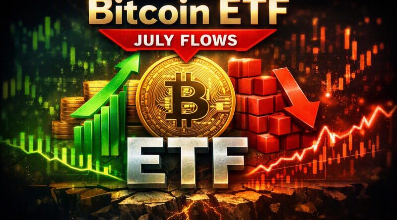 Bitcoin ETF July inflows visual showing mixed market sentiment with central Bitcoin coin, ETF letters, and green‑red arrows indicating stabilisation and weak demand.